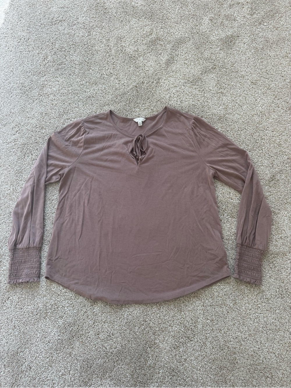 Lucky Brand Womens M Top Brown Keyhole Tie Long Sleeve Smocked Cuffs